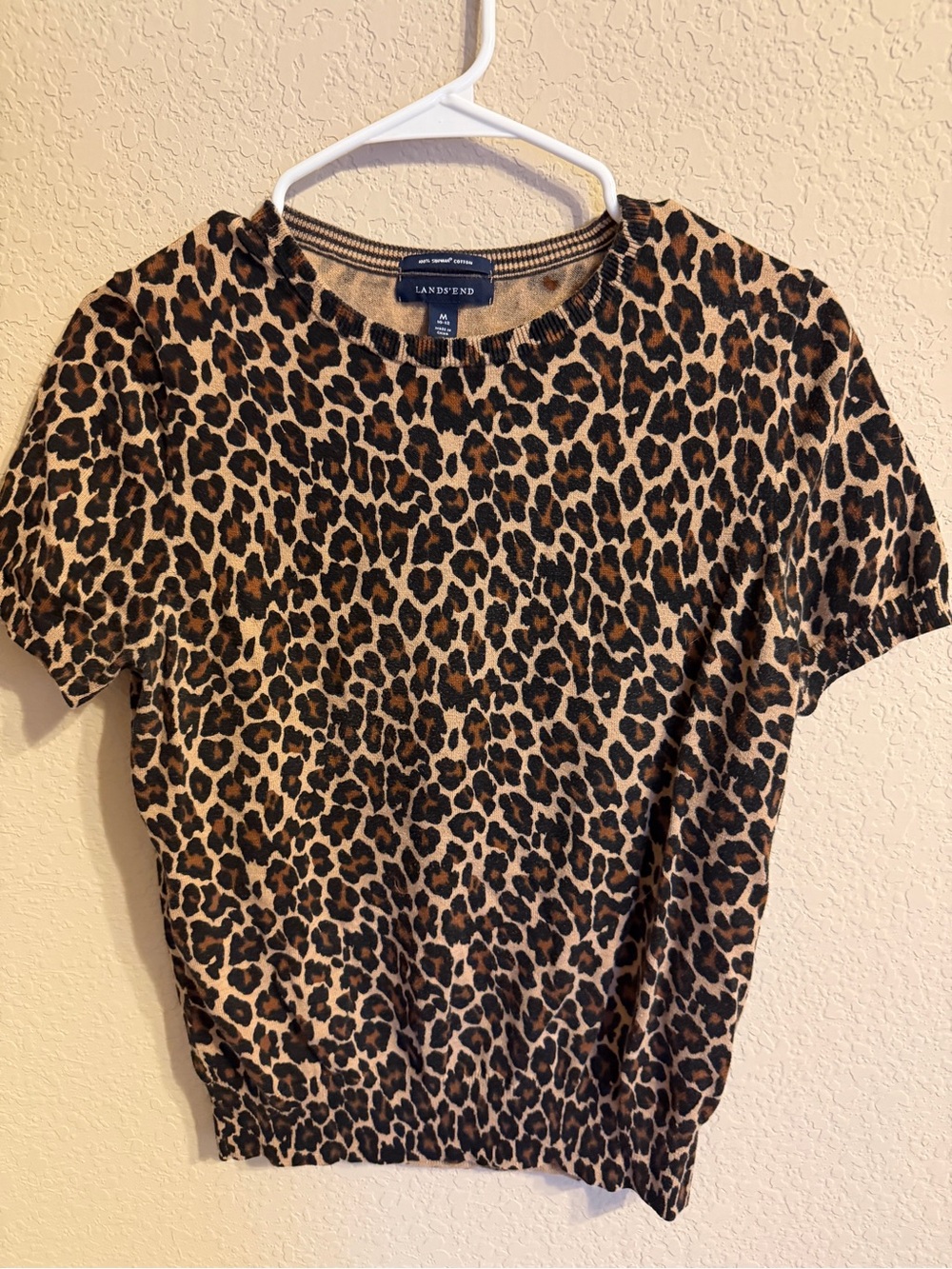 Lands' End Leopard Print Short Sleeve Sweater 100% Supima Cotton